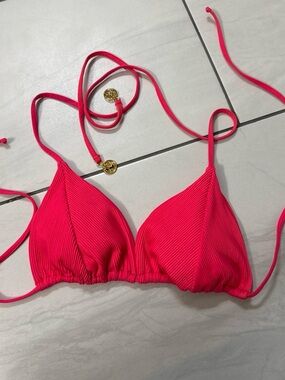 Luli Fama Hot Pink Ribbed Triangle Bikini Top with Gold Medallion